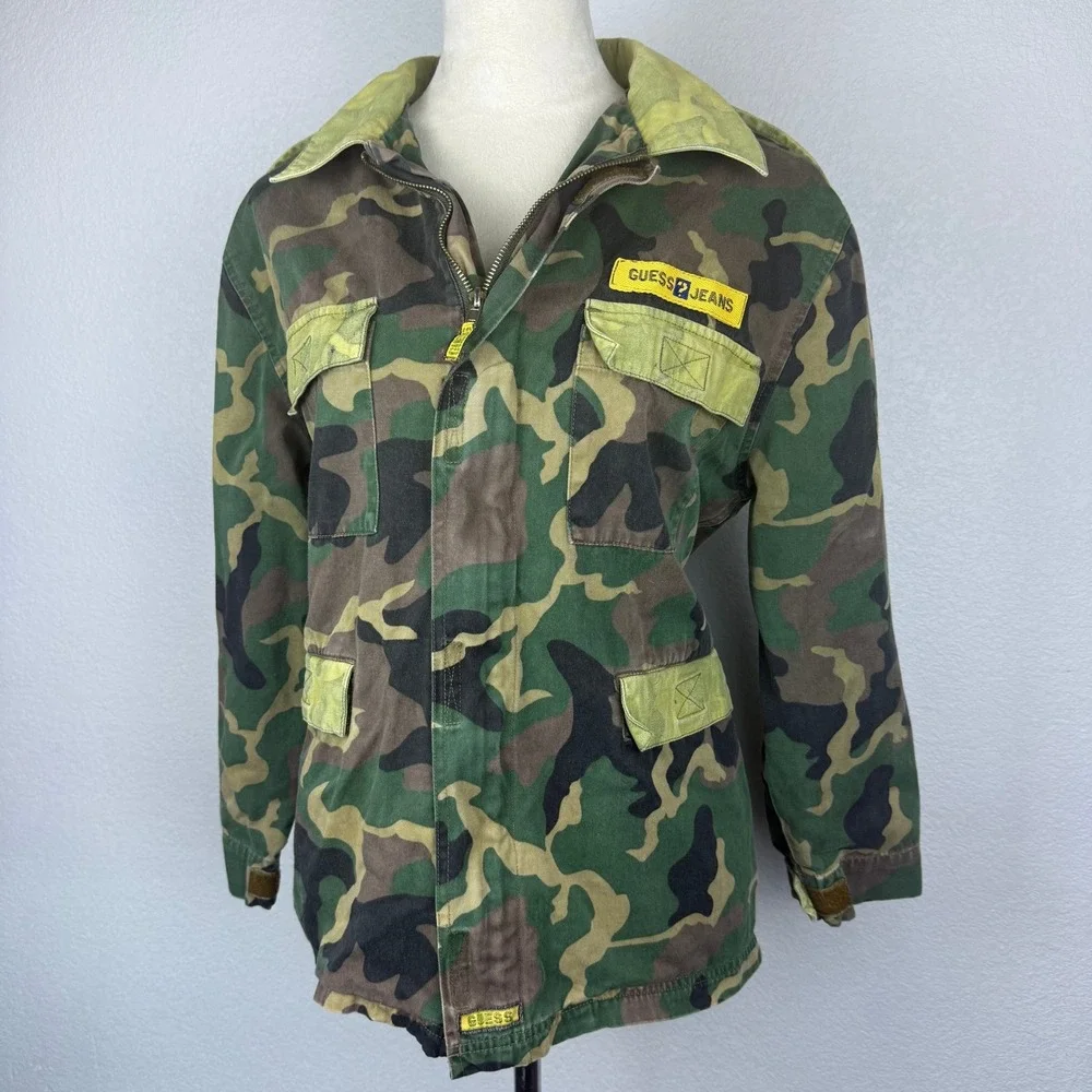 Vtg Guess Jeans Camouflage Military Jacket Women's Patches Green Brown Zipper - Picture 2 of 8